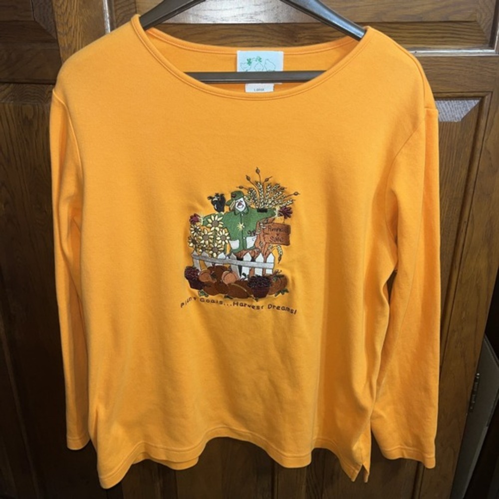 Quacker Factory Large Harvest Dreams Fall Embroidered Halloween L.S Top, Orange‎